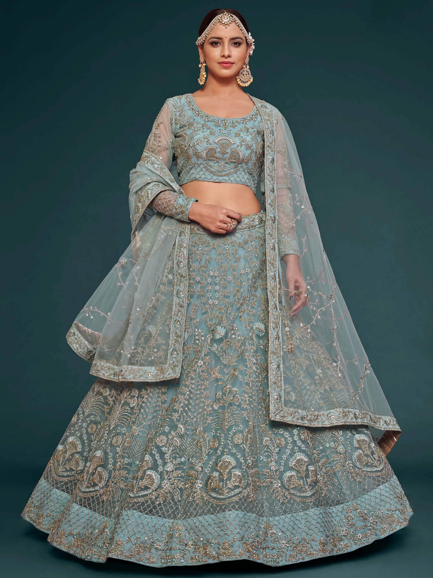 Fetching Aqua Blue Embroidered Soft Net Lehenga Choli With Dupatta - Zeel Clothing