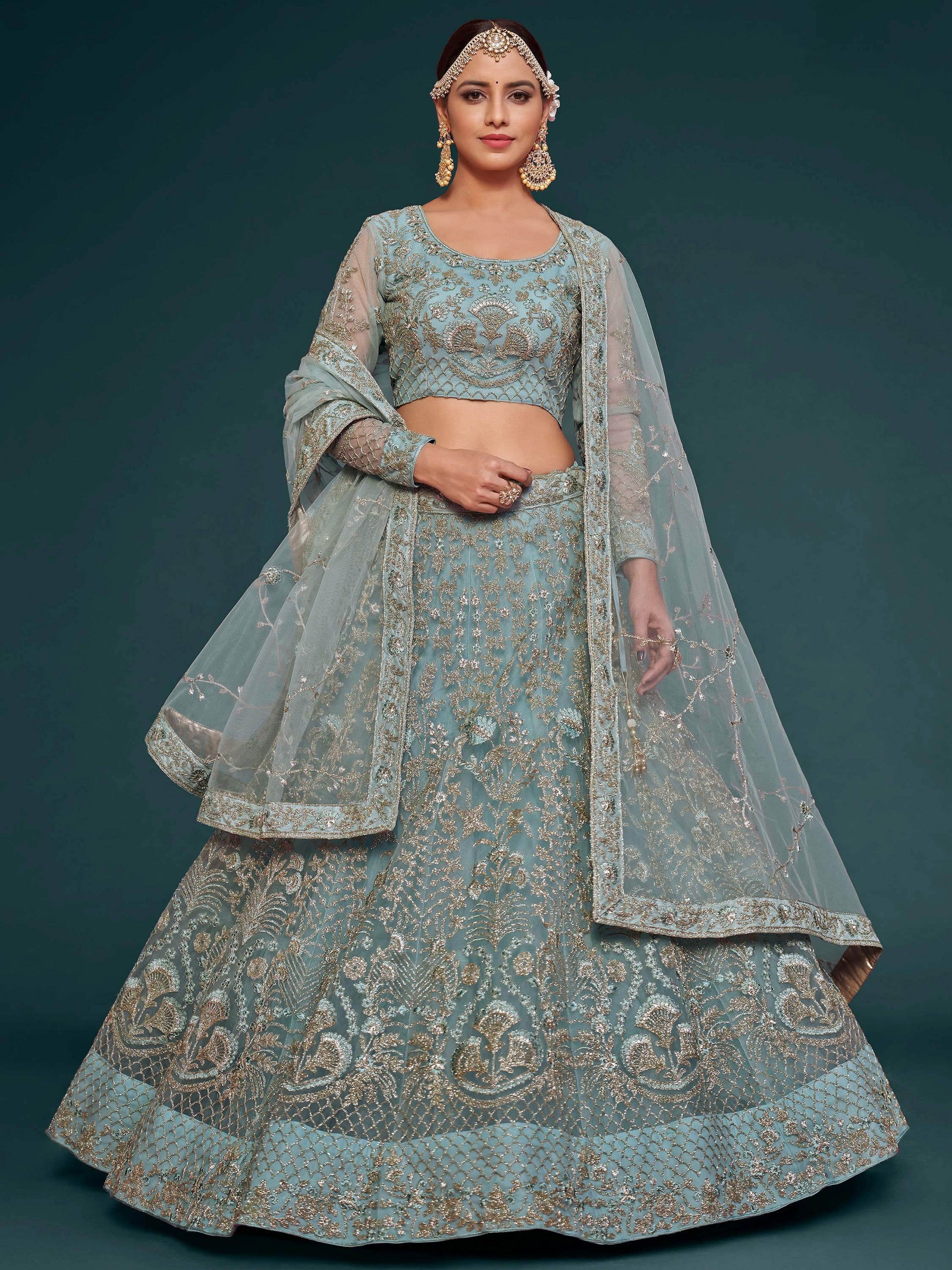 Fetching Aqua Blue Embroidered Soft Net Lehenga Choli With Dupatta - Zeel Clothing