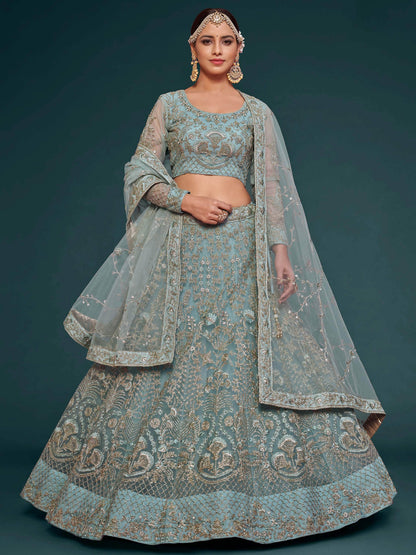 Fetching Aqua Blue Embroidered Soft Net Lehenga Choli With Dupatta - Zeel Clothing