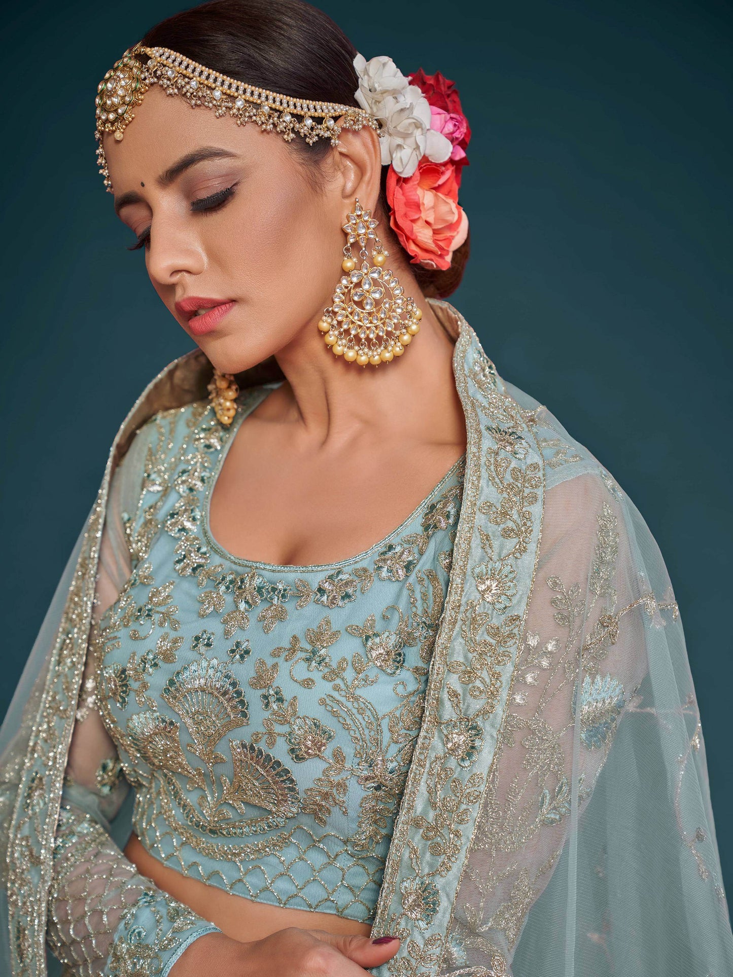 Fetching Aqua Blue Embroidered Soft Net Lehenga Choli With Dupatta - Zeel Clothing