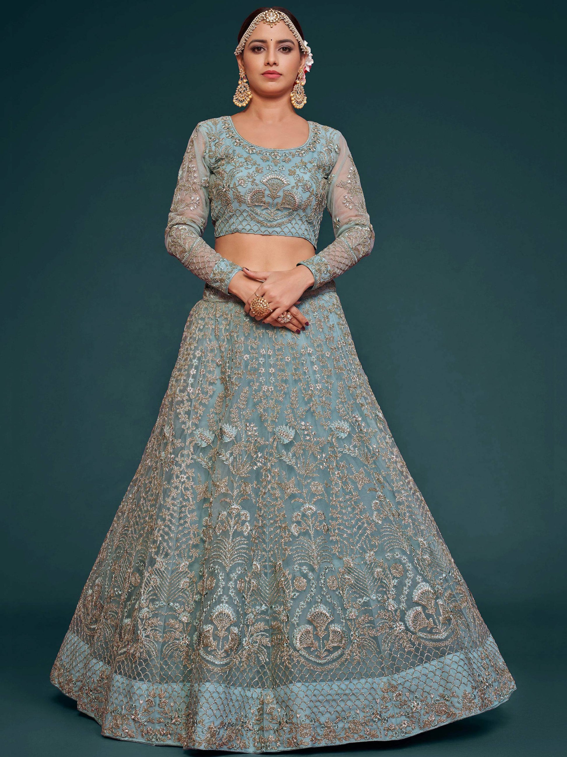 Fetching Aqua Blue Embroidered Soft Net Lehenga Choli With Dupatta - Zeel Clothing
