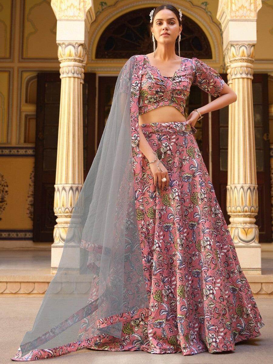 Fetching Dusty Pink Floral Printed Silk Festive Wear Lehenga Choli - Zeel Clothing