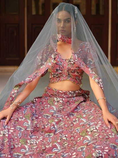 Fetching Dusty Pink Floral Printed Silk Festive Wear Lehenga Choli - Zeel Clothing