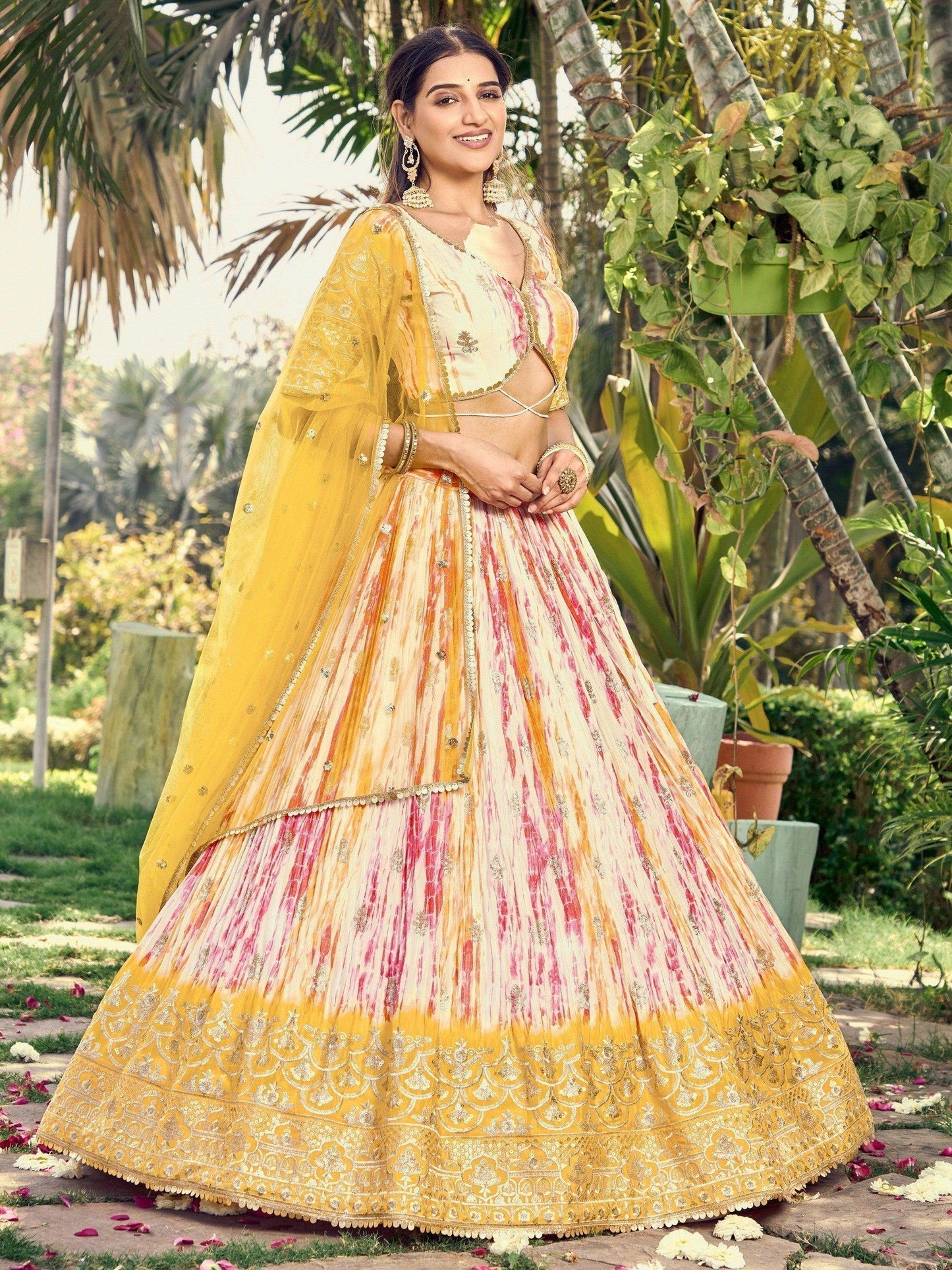 Fetching White & Yellow Digital Printed Chinon Haldi Wear Lehenga Choli - Zeel Clothing