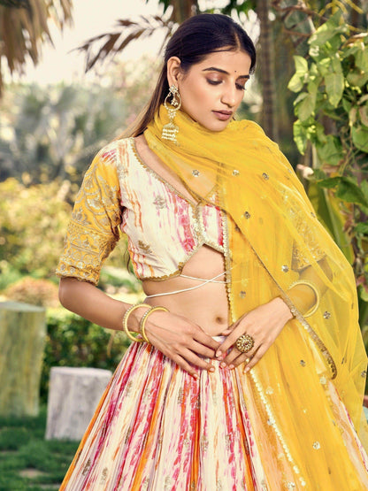 Fetching White & Yellow Digital Printed Chinon Haldi Wear Lehenga Choli - Zeel Clothing