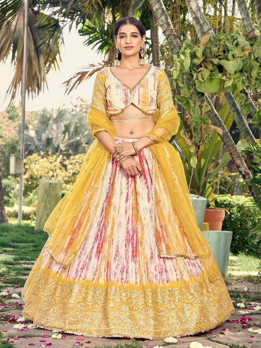 Fetching White & Yellow Digital Printed Chinon Haldi Wear Lehenga Choli - Zeel Clothing