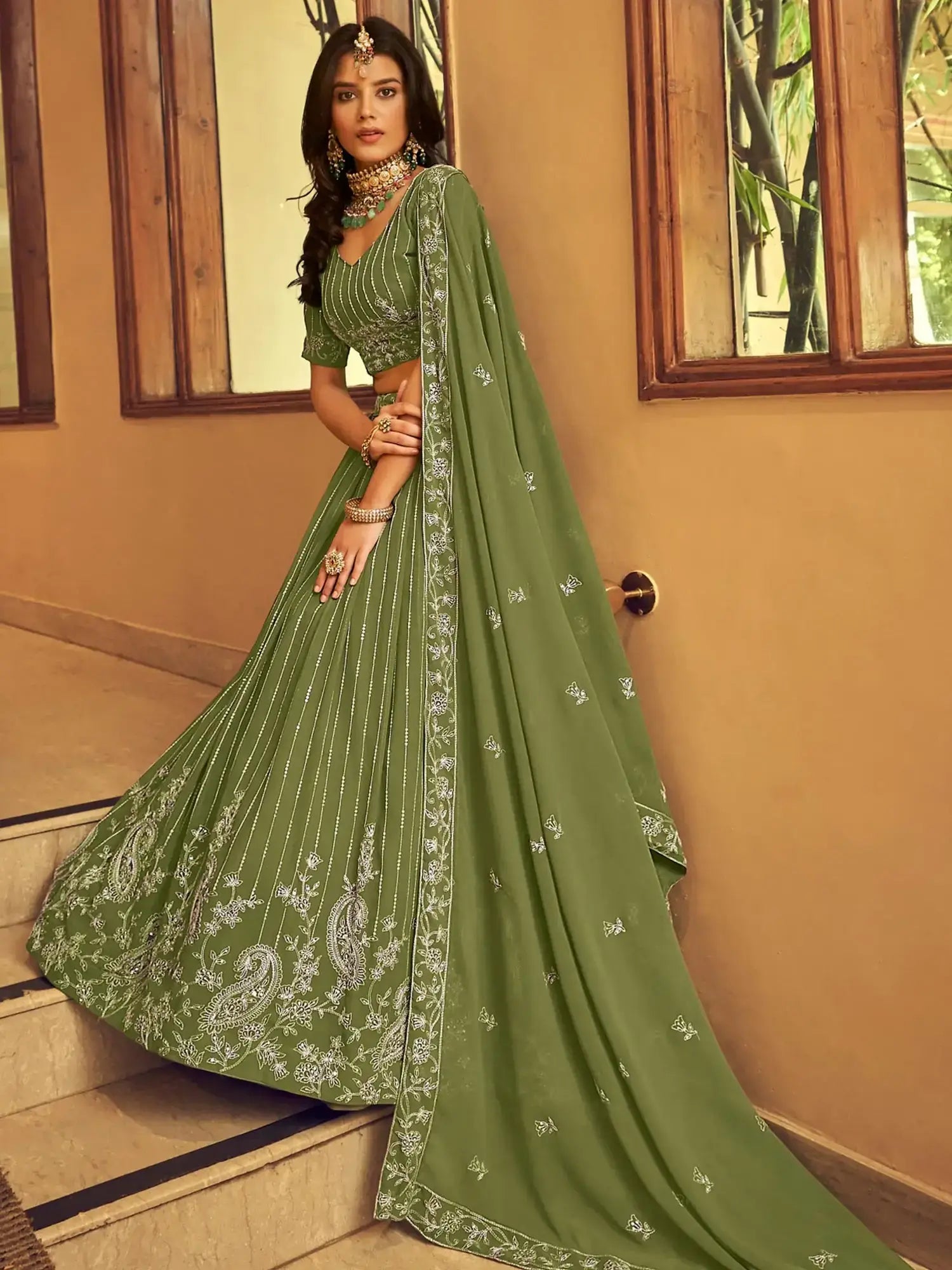 Tantalizing Green Thread Embroidered Georgette Mehendi Wear Lehenga With Blouse
