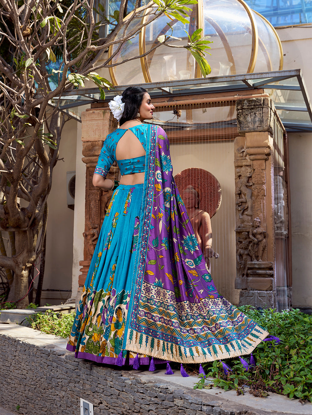 Firozi Color Kalamkari Print With Foil Work Tussar Silk Lehenga Choli