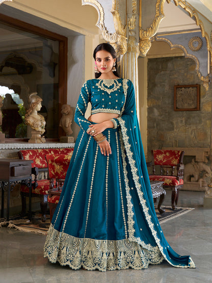 Firozi Color Sequins And Thread Embroidery Work Vichitra Silk Lehenga Choli