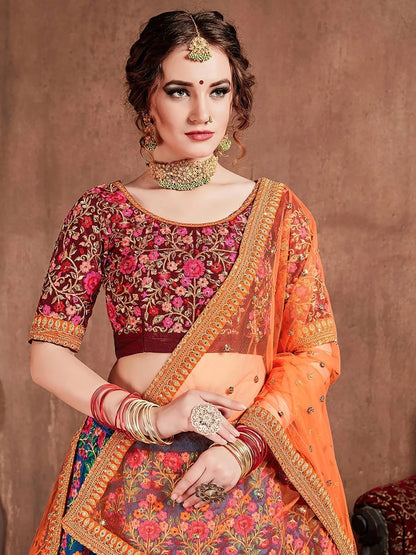 Flamboyant Blue-Red Colored Bridal wear Embroidered Lehenga Choli - Zeel Clothing