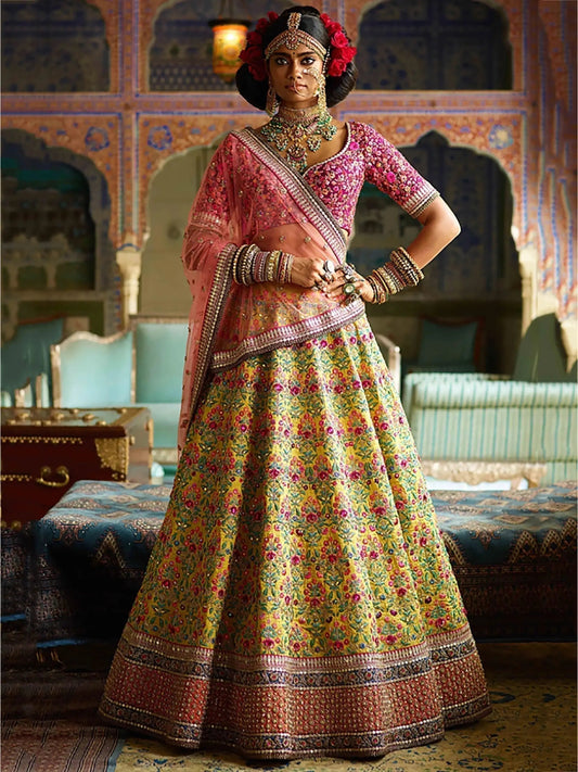 Flamboyant Yellow-Pink Colored Bridal wear Embroidered Lehenga Choli - Zeel Clothing