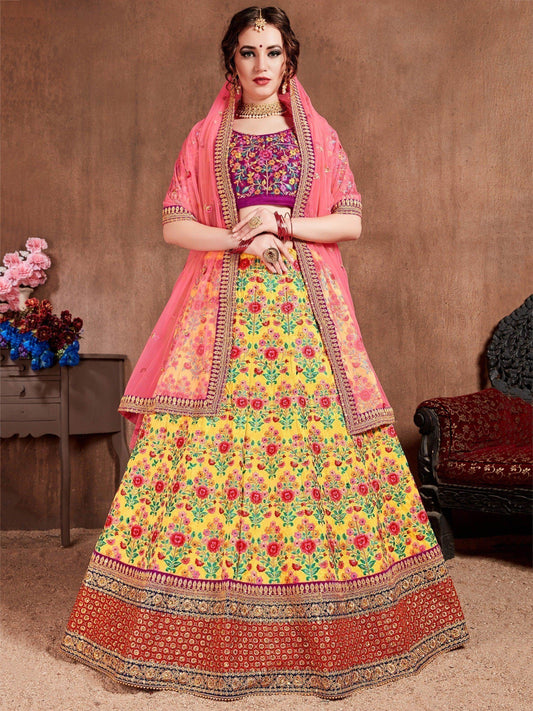 Flamboyant Yellow-Pink Colored Bridal wear Embroidered Lehenga Choli - Zeel Clothing