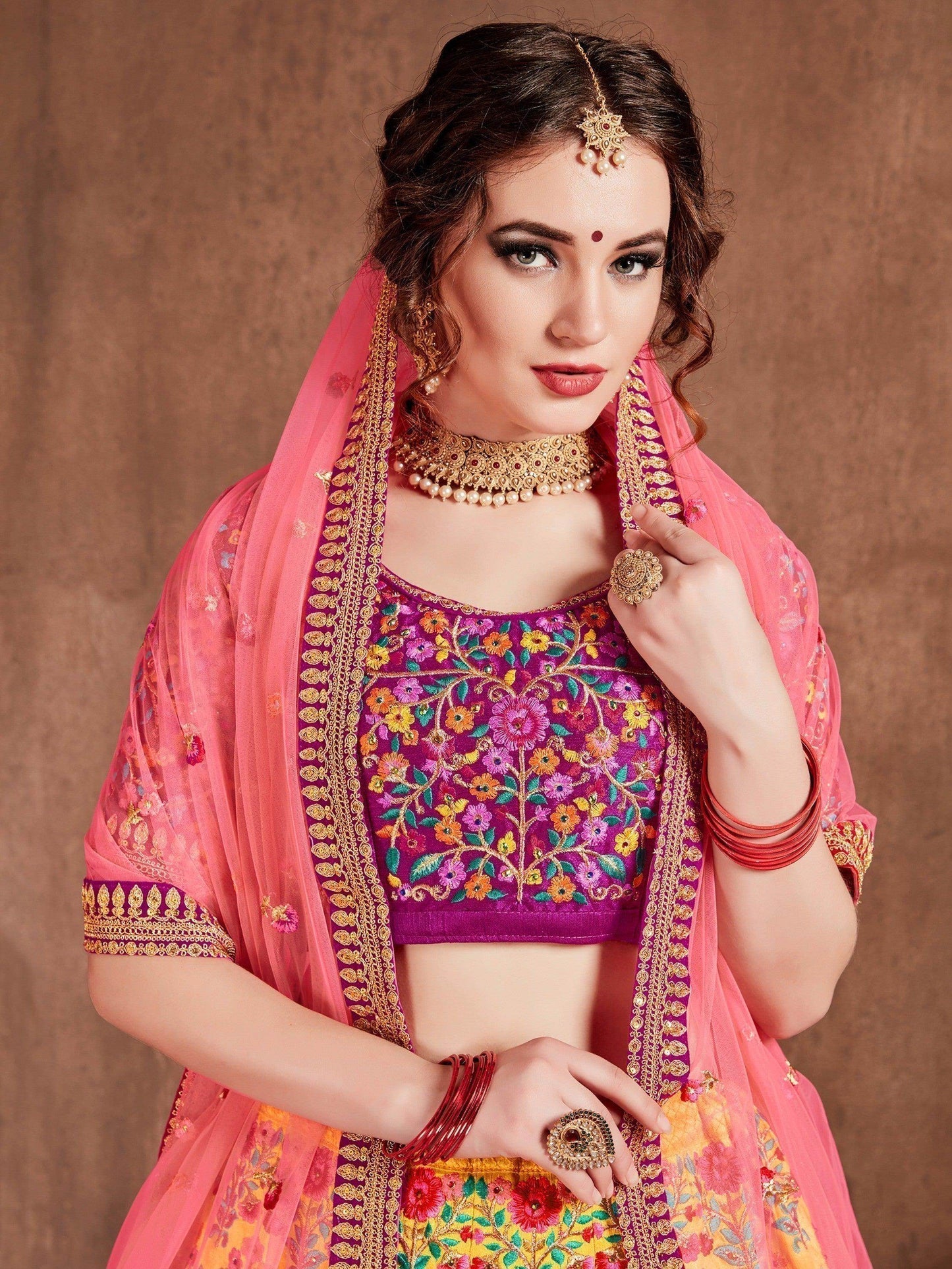Flamboyant Yellow-Pink Colored Bridal wear Embroidered Lehenga Choli - Zeel Clothing