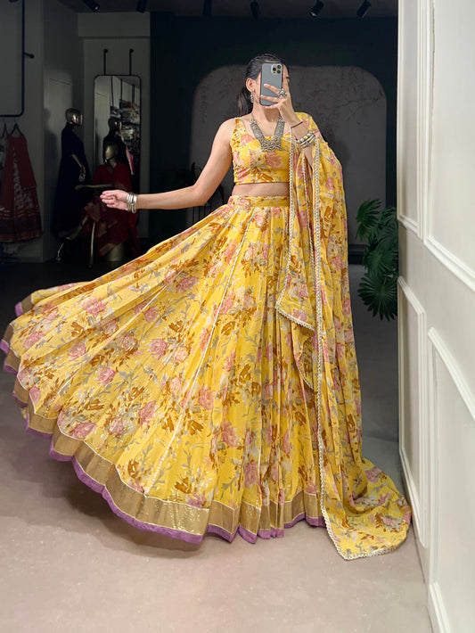Yellow Color Floral And Foil Print With Embossed Design Chiffon Ghaghra choli