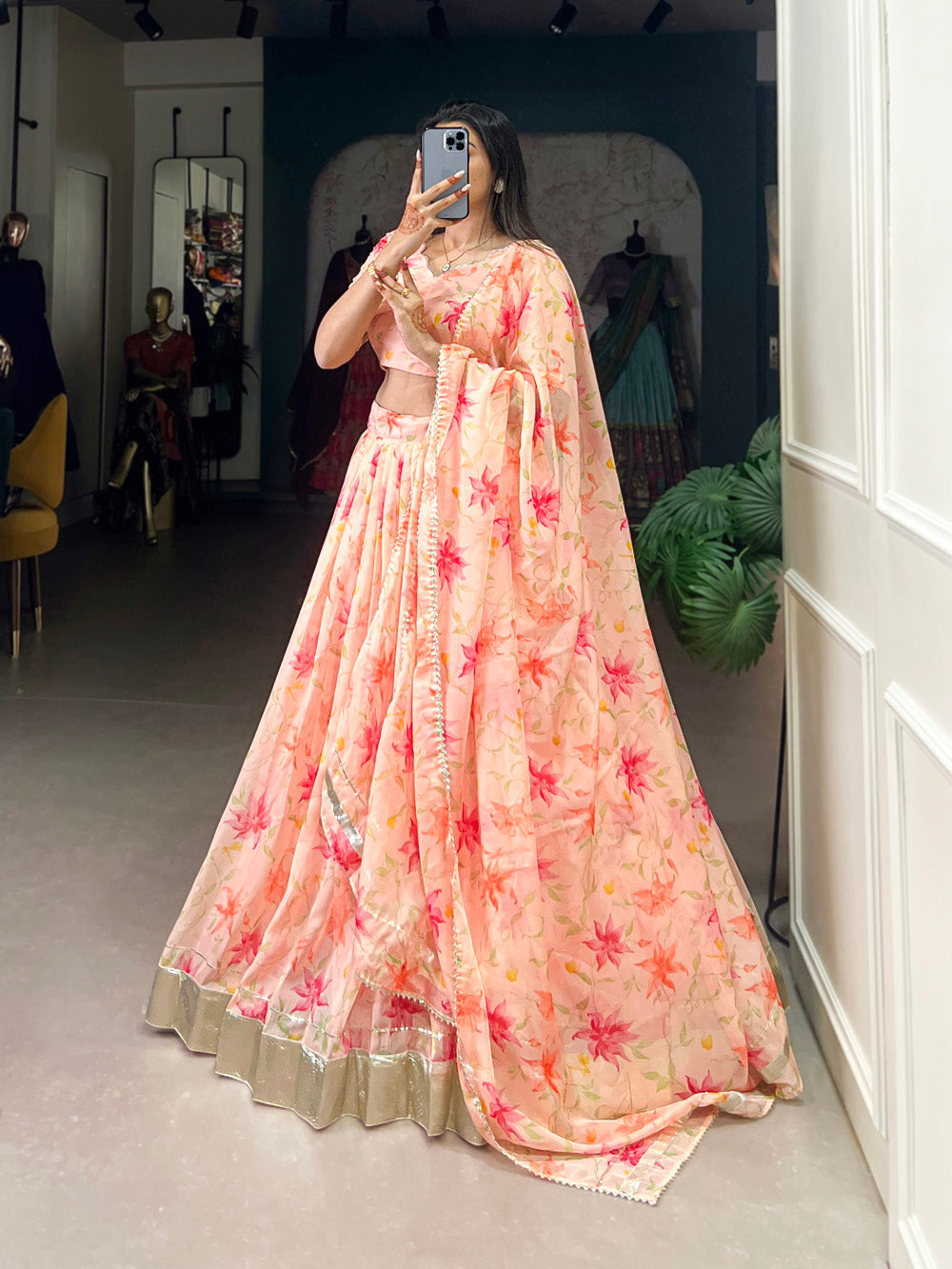 Peach Color Floral Print With Lace Border Tabby Silk Lehenga Choli