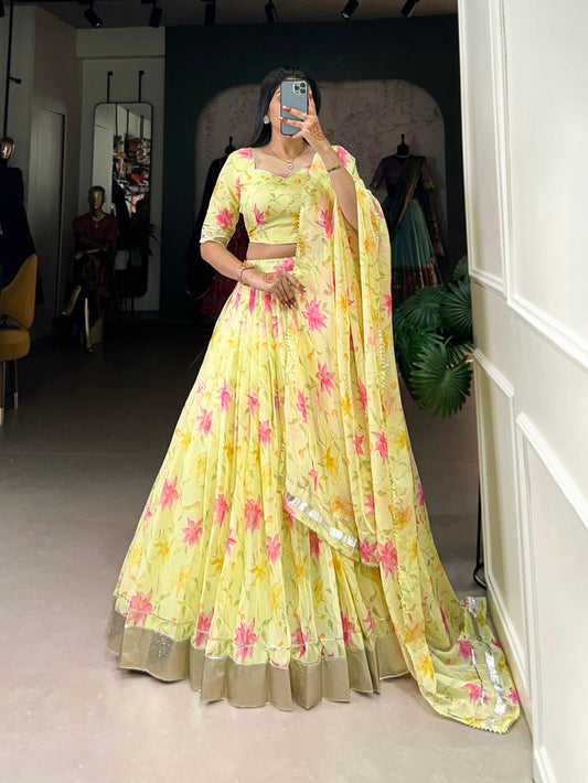 Yellow Color Floral Print With Lace Border Tabby Silk Lehenga Choli