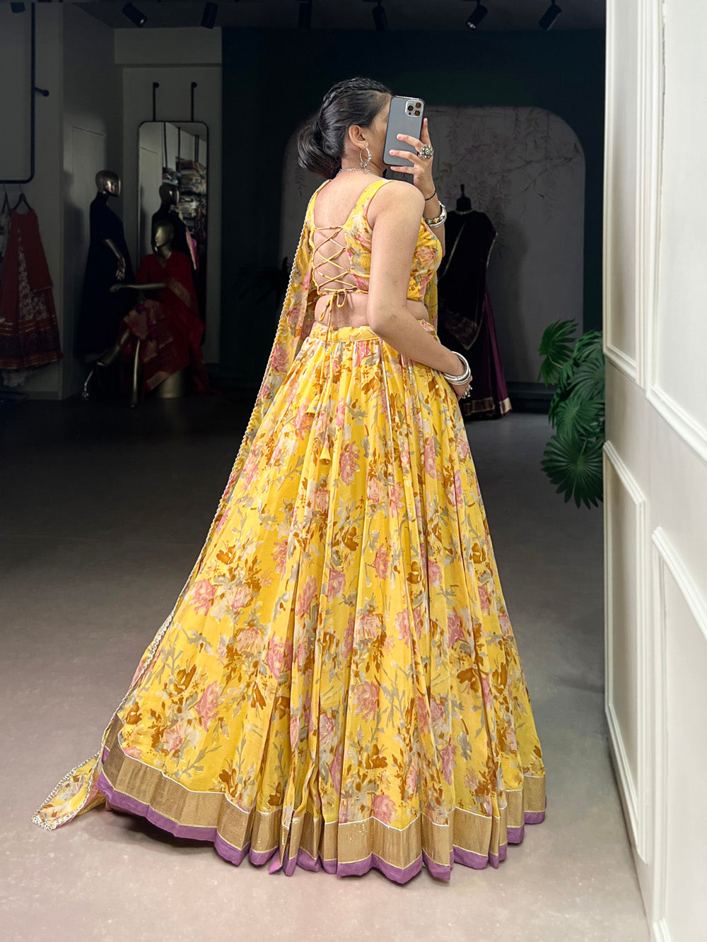 Yellow Color Floral And Foil Print With Embossed Design Chiffon Ghaghra choli