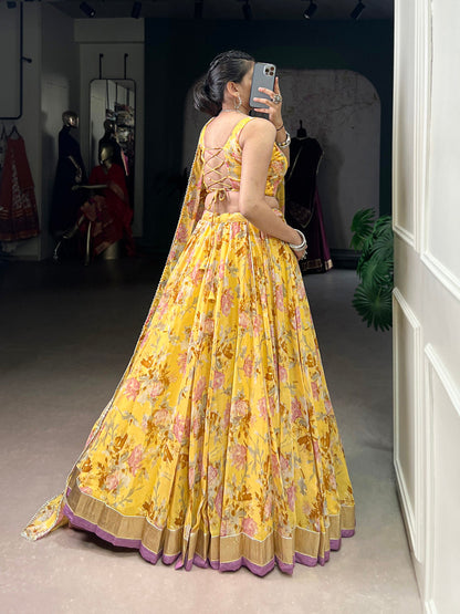 Yellow Color Floral And Foil Print With Embossed Design Chiffon Ghaghra choli