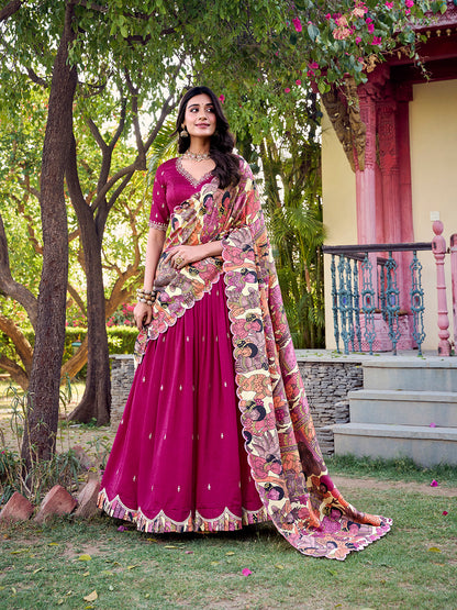 Pink Color Sequins And Thread Embroidery Work Vichitra Silk Lehenga