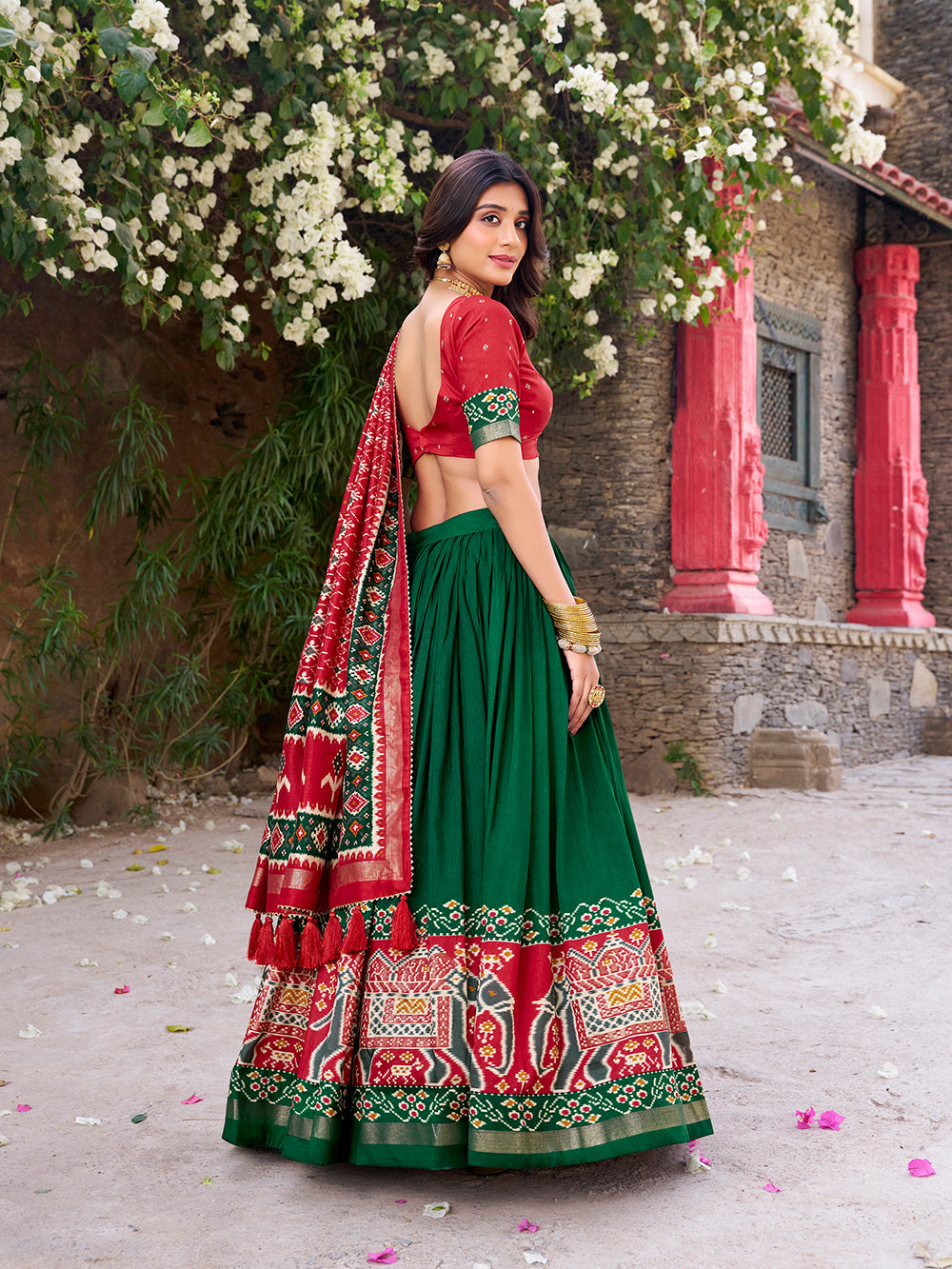 Green Color Patola Printed Tussar Silk Lehenga Choli