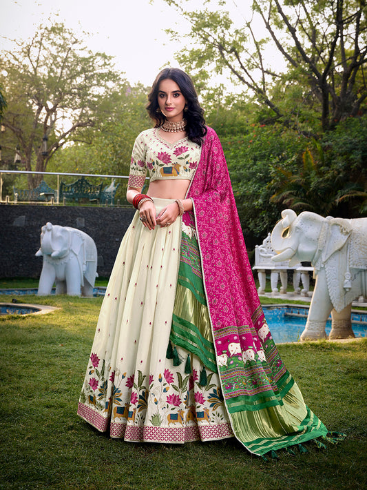 Lotus Design With Sequince And Thread Embroidery Work Khadi Cotton Lehenga Choli