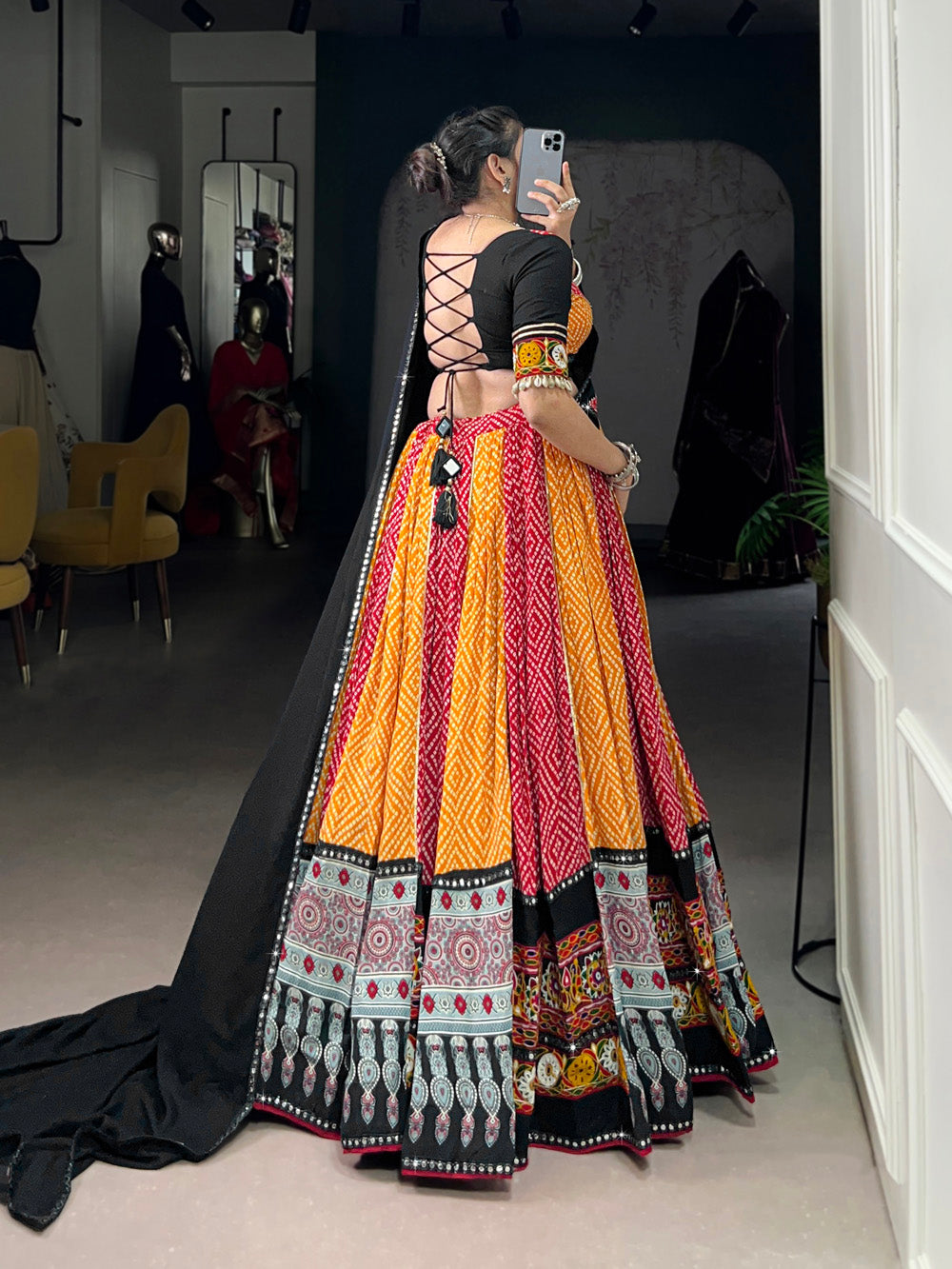 Yellow Color Bandhej And Ajarakh Printed Rayon Chaniya Choli