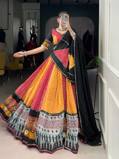 Yellow Color Bandhej And Ajarakh Printed Rayon Chaniya Choli
