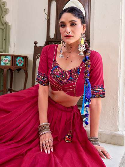 Pink Color Gamthi Print And Embossed Design Tussar Silk Lehenga Choli