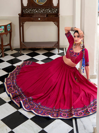 Pink Color Gamthi Print And Embossed Design Tussar Silk Lehenga Choli