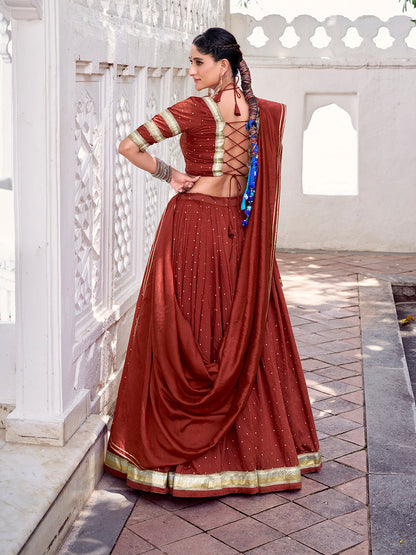 Rust Orange Color Zari Weaving Work With Embossed Design Chanderi Lehenga Choli