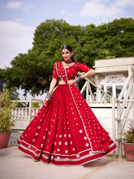 Red Color Bandhej Print With Lace Touch Up Chanderi Chaniya Choli
