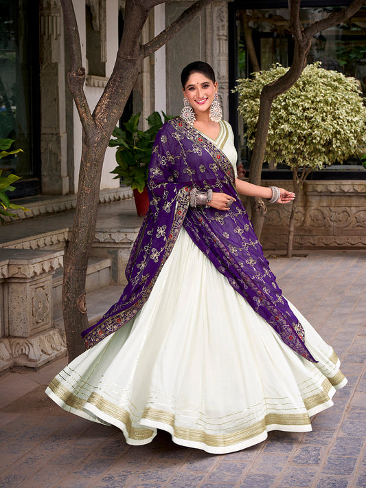 White Color Zari Weaving Work With Lace Touch Up Rayon Lehenga choli