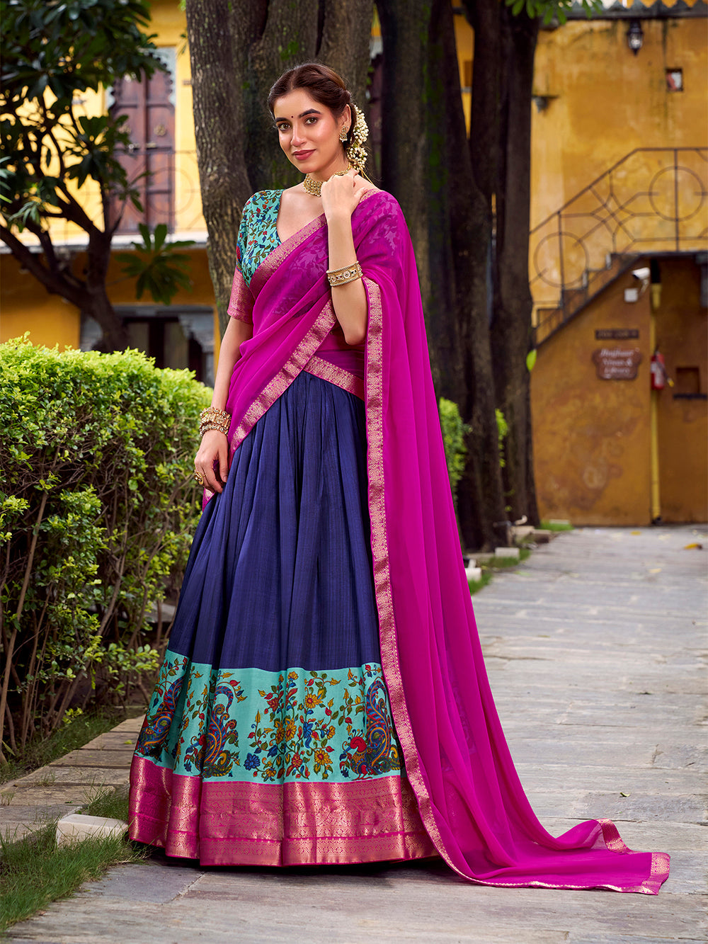 Navy Blue Color Printed With Zari Weaving Work Astha Silk Lehenga Choli