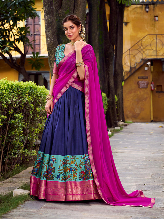 Navy Blue Color Printed With Zari Weaving Work Astha Silk Lehenga Choli