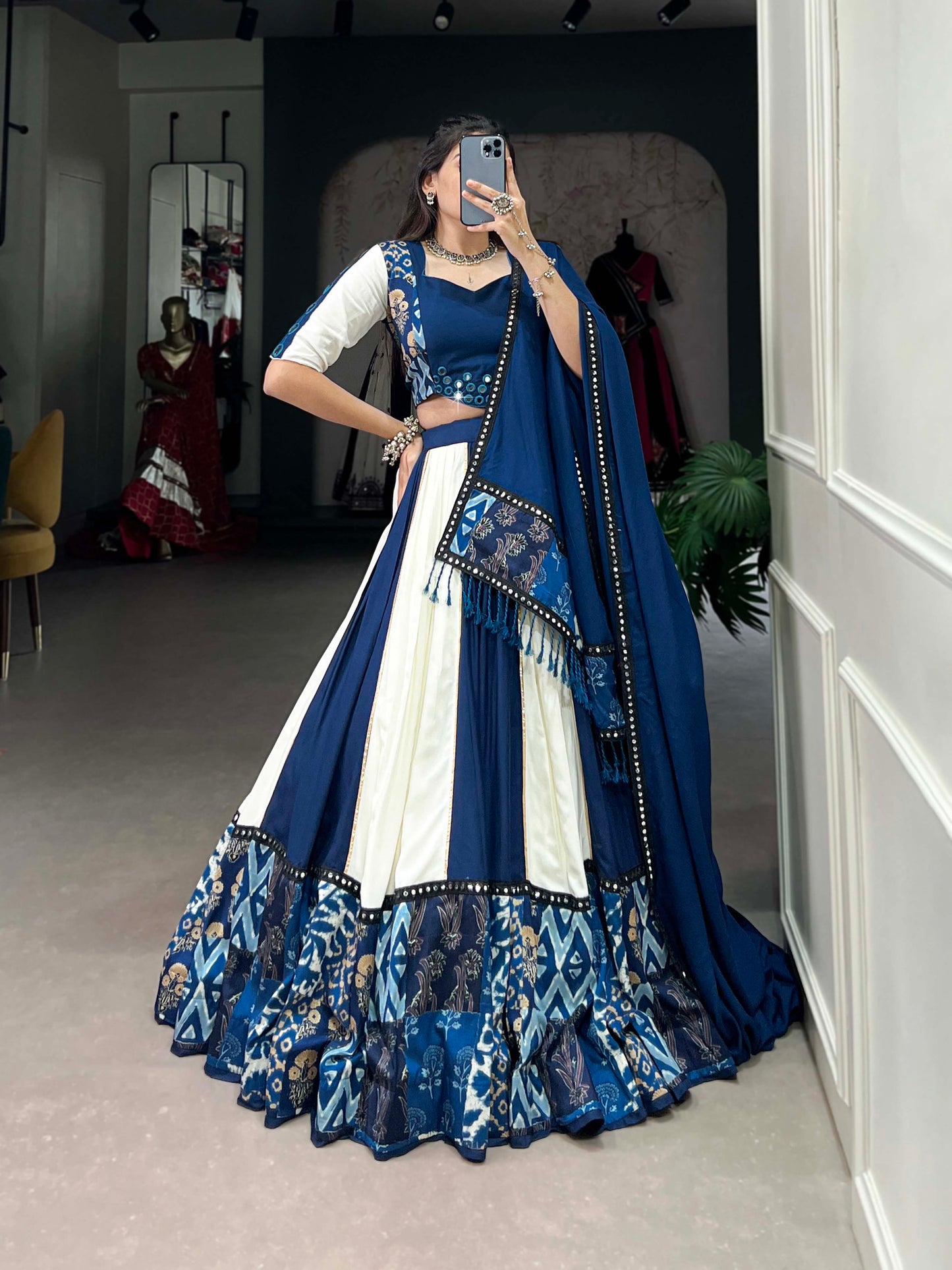 Blue Color Plain And Printed With Paper Mirror Work Rayon Lehenga Choli