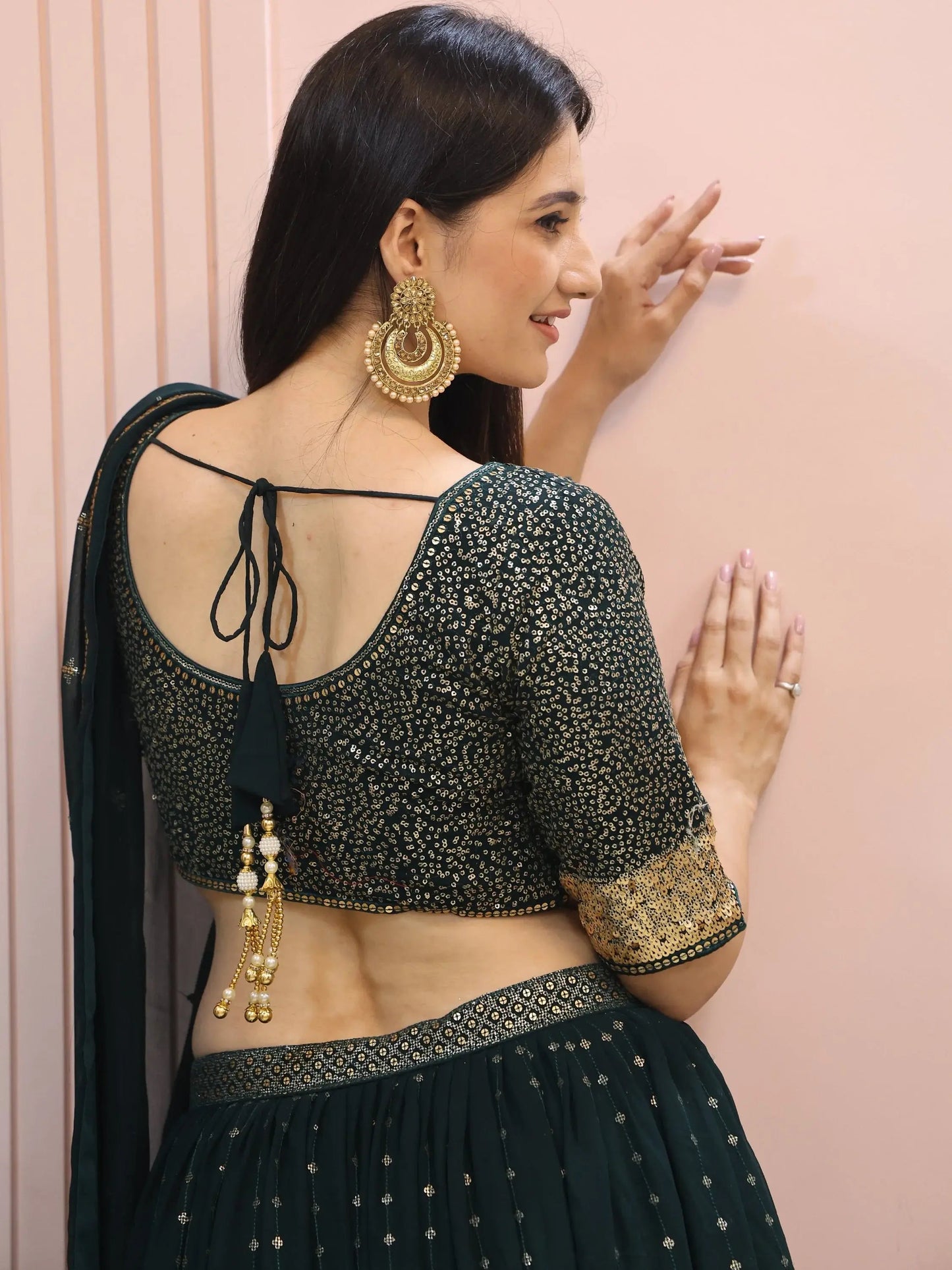 Glamorous Dark Green Sequins Georgette Party Wear Lehenga Choli With Dupatta - Zeel Clothing