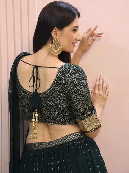 Glamorous Dark Green Sequins Georgette Party Wear Lehenga Choli With Dupatta - Zeel Clothing