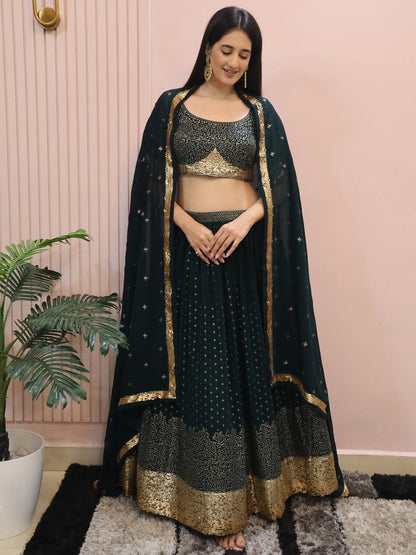 Glamorous Dark Green Sequins Georgette Party Wear Lehenga Choli With Dupatta - Zeel Clothing