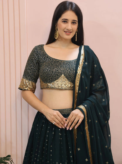 Glamorous Dark Green Sequins Georgette Party Wear Lehenga Choli With Dupatta - Zeel Clothing