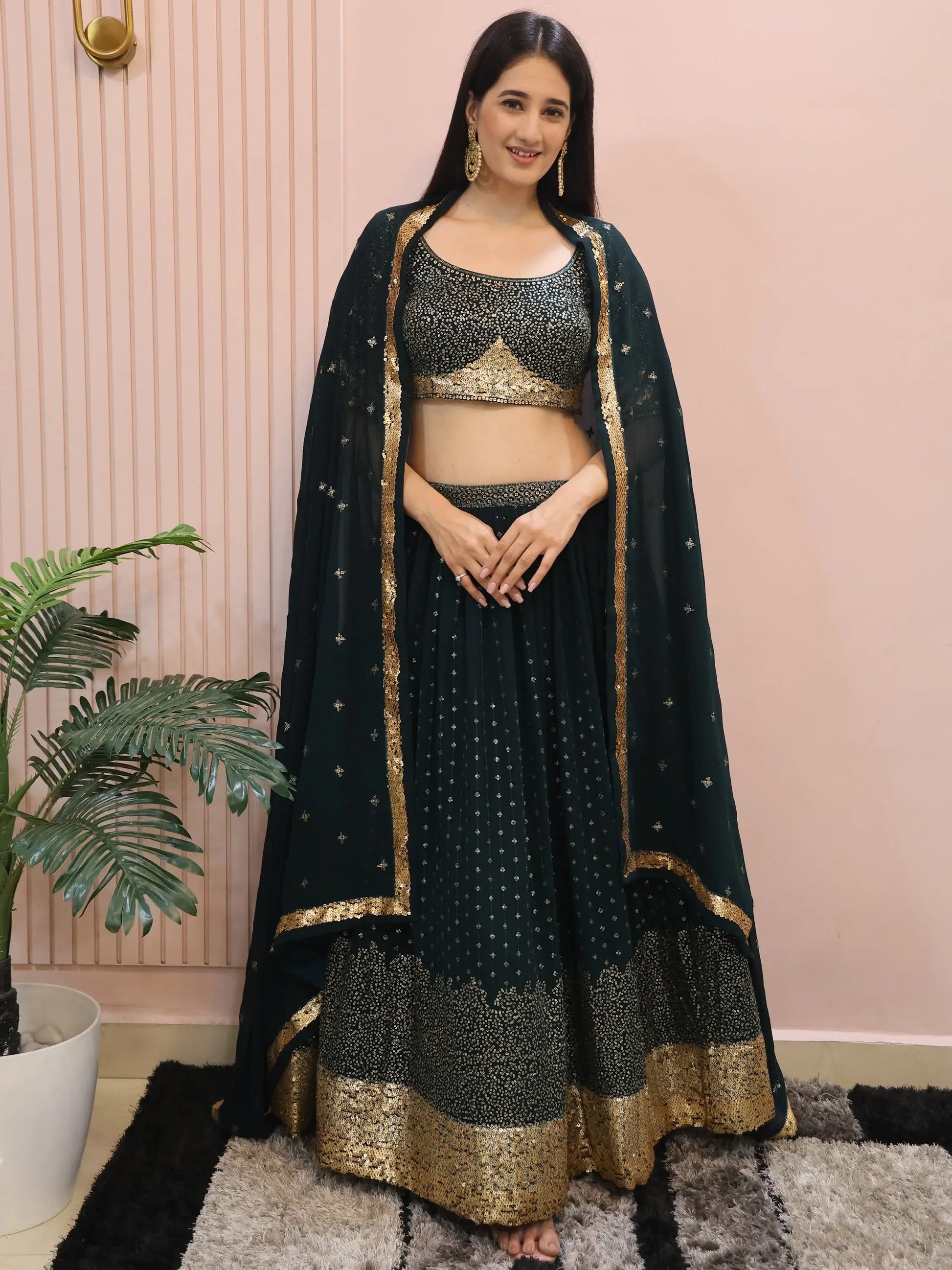 Glamorous Dark Green Sequins Georgette Party Wear Lehenga Choli With Dupatta - Zeel Clothing