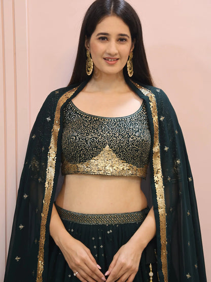 Glamorous Dark Green Sequins Georgette Party Wear Lehenga Choli With Dupatta - Zeel Clothing