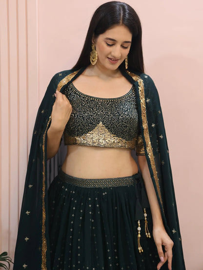 Glamorous Dark Green Sequins Georgette Party Wear Lehenga Choli With Dupatta - Zeel Clothing