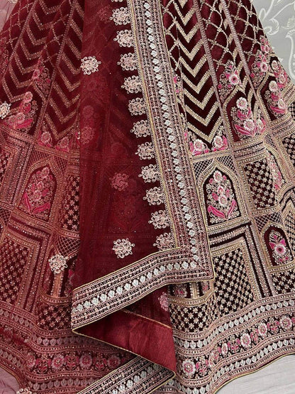 Glamorous Maroon Heavy Embroidered Velvet Bridal Lehenga Choli - Zeel Clothing