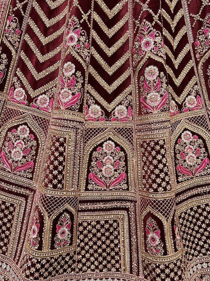 Glamorous Maroon Heavy Embroidered Velvet Bridal Lehenga Choli - Zeel Clothing