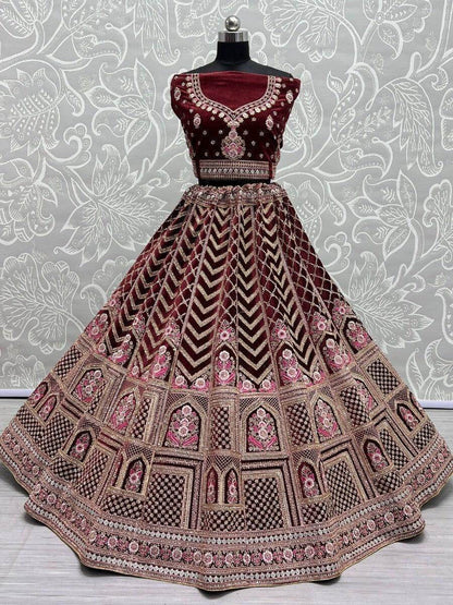Glamorous Maroon Heavy Embroidered Velvet Bridal Lehenga Choli - Zeel Clothing