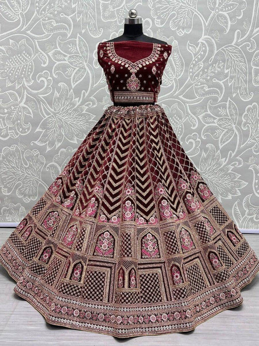 Glamorous Maroon Heavy Embroidered Velvet Bridal Lehenga Choli - Zeel Clothing