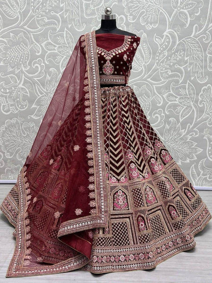 Glamorous Maroon Heavy Embroidered Velvet Bridal Lehenga Choli - Zeel Clothing