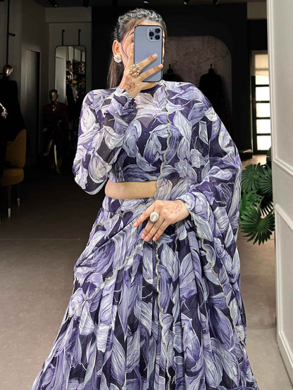 Glamorous Navy Blue Digital Printed Silk Festival Wear Lehenga Choli - Zeel Clothing