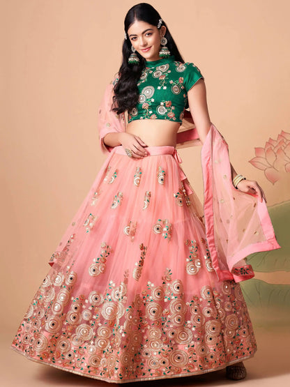 Glamorous Peach Mirror Work Net Wedding Wear Lehenga Choli - Zeel Clothing