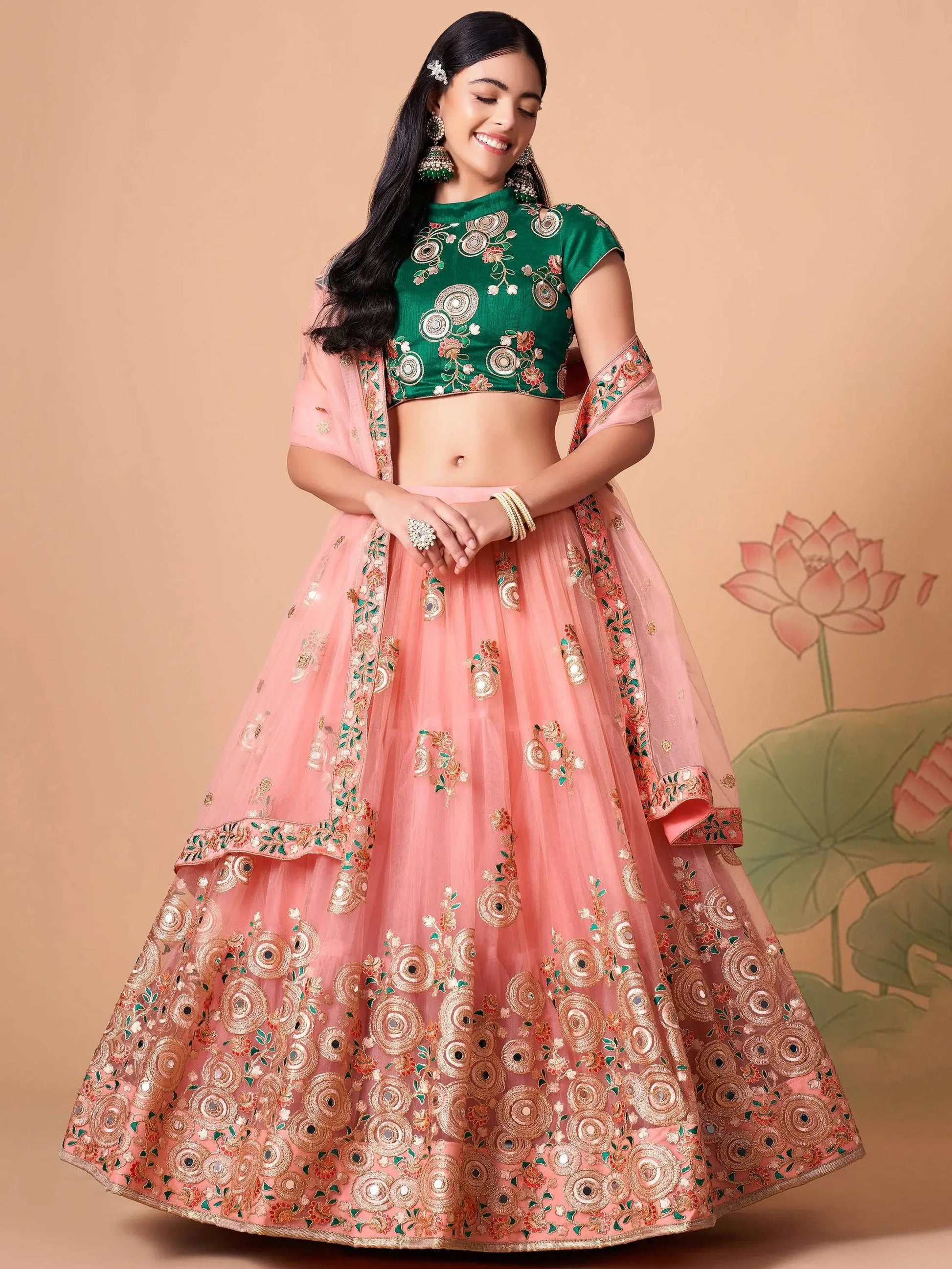 Glamorous Peach Mirror Work Net Wedding Wear Lehenga Choli - Zeel Clothing